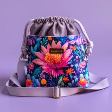 Fioletowa torebka listonoszka z kominem w kwiaty z weluru