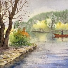 Podróż wzdłuż rzeki Original Akwarela A4