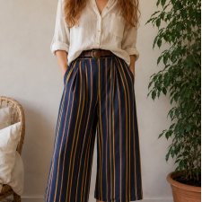 Spodnie Culotte Kuloty Vintage Paski High Waist Szerokie Nogawki L UK14