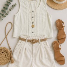 Lniany Top Vintage Ecru Koronkowe Wstawki Cottagecore L/XL lato