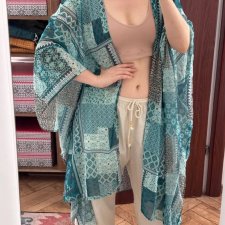 Turkusowe kimono etniczne oversize Top Vintage boho plus size Uniwersalny