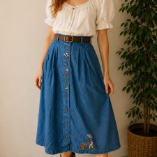Jeansowa Spódnica Vintage Haftowana Folk Cottagecore S wysoki stan hafty guziki wyjątkowa!