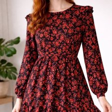 Czerwona sukienka midi z długim rękawem wiskoza boho hippie