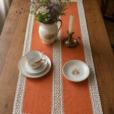 Vintage płócienny bieżnik z koronką | Rustykalny obrus | Cottagecore | PRL rękodzieło