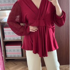 Bordowa kopertowa bluzka Allegra K z koronkowymi rękawami 4XL / EU 56–58