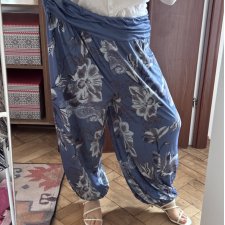 Niebieskie spodnie boho z kwiatami vintage 4-5XL szerokie nogawki