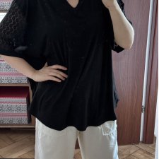 Czarna bluzka z koronkowymi rękawami V-neck Plus Size oversize