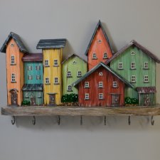 Ręcznie Robiony Drewniany Wieszak na Klucze, Kolorowe Domki