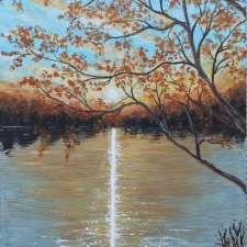 NASTROJOWY PEJZAŻ MALOWANY NA PŁÓTNIE - "ROMANTYCZNE REFLEKSY" 40x30cm