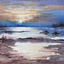 Spacer brzegiem morza Oryginalna akwarela na płótnie 20x30cm