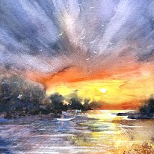 Zachód słońca w lagunie. Original Akwarela A4