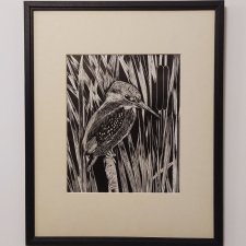 Zimorodek, ptak - oprawione passe-partout + ramka - Linoryt, ilustracja, grafika, obrazek, obraz, sztuka, plakat, dekoracje,