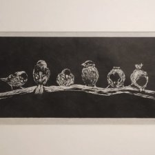 Wróble, ptaki - oprawione passe-partout - Linoryt, ilustracja, grafika, obrazek, obraz, sztuka, plakat, dekoracje