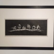 Wróbelki, ptaki - oprawione passe-partout + ramka - Linoryt, ilustracja, grafika, obrazek, obraz, sztuka, plakat, dekoracje,
