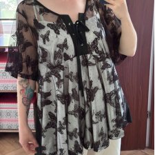 Czarna bluzka tunika motyle siateczka fairy goth Y2K wiązanie oversize