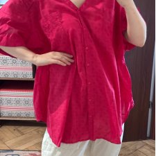Fuksjowa bawelniana koszula Avenue Plus Size krótki rękaw oversize plisy 8XL / 56 / 28