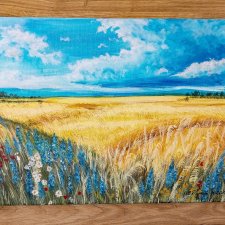 NASTROJOWY PEJZAŻ MALOWANY NA PŁÓTNIE - "WAKACJE NA WSI" 30x40cm