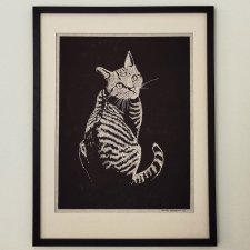 Kot - oprawione passe-partout + ramka - Linoryt, ilustracja, grafika, obrazek, obraz, sztuka, plakat, dekoracje,