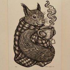 Wiewiórka, Wiewióra Jesieniara - oprawione passe-partout - Linoryt, ilustracja, grafika, obrazek, obraz, sztuka, plakat, dekoracje