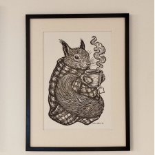 Wiewiórka, Wiewióra Jesieniara - oprawione passe-partout + ramka - Linoryt, ilustracja, grafika, obrazek, obraz, sztuka, plakat, dekoracje,