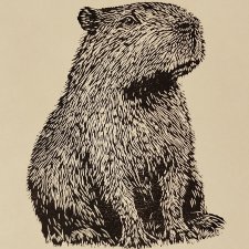 Kapibara  - oprawione passe-partout - Linoryt, ilustracja, grafika, obrazek, obraz, sztuka, plakat, dekoracje