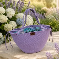 Lawendowa torba shopper ze sznurka bawełnianego z kwiatowym zamykanym kominem