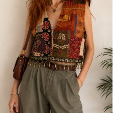 Vintage kamizelka Patchwork koraliki 90s aplikacje Unikat