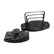 Garnitur Gabinetowy Art Deco Listownik Bibularz Marmur Portoro Mosiądz Lata 30.