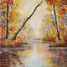 NASTROJOWY PEJZAŻ MALOWANY NA PŁÓTNIE - "UKŁON KU WODZIE" 40x30cm