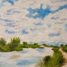 NASTROJOWY PEJZAŻ MALOWANY NA PŁÓTNIE - "TANIEC CHMUR" 30x40cm