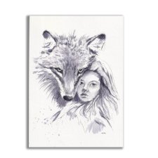 Wilk i dziewczynka. Grafika ręcznie malowana