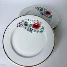 Komplet 6 talerzy Włocławek PRL Polski design deserowe sygnowane motyw kwiatowy złoty rant Vintage