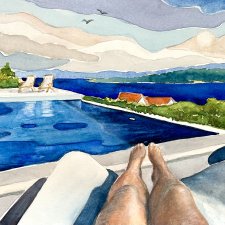 Luksusowe wakacje na Morzu Śródziemnym original akwareli A4