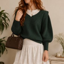 Ochnik Sweter Sweterek V neck butelkowa zieleń bufki