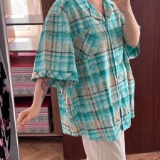 Liz & Me – Turkusowa koszula w kratę z kwiatami 5X (plus size) 9XL / 58 / 30