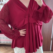 Bordowa bluzka kopertowa 4XL 48 koronkowe rękawy elegancka Plus Size nowa z metką 4XL / 48 / 20