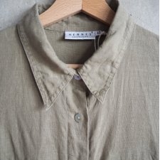 Szmizjerka tunika lniana z kołnierzykiem bez rękawów Hennes Vintage khaki 42
