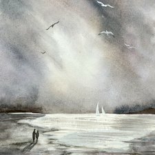 Spacer po Pomorie original akwareli A4