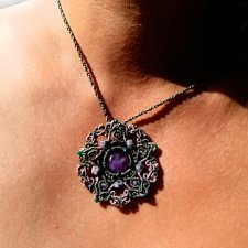 Pentagram Gwiazda Mandala wisior pleciony z Ametystem Szmaragdem i Jaspisem