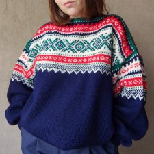 Wełniany granatowy norweski sweter ręcznie robiony handmade 100% wełna Blom Vintage & Second Hand