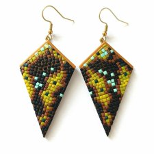 Duże Wiszące Zielone Brązowe Kolczyki Boho Geometryczne