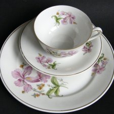 Vintage trio porcelana filiżanka spodek talerzyk 1940-1950 Sonnenburg orchidea kwiat storczyk
