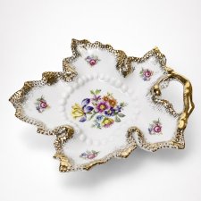 Porcelanowa paterka Vintage Friedrich Germany lata 50 kwiaty złocenia liść