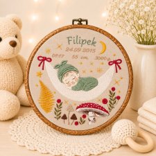 Haftowana personalizowana metryczka, pamiątka narodzin w oprawie 20 cm, 1