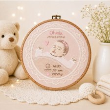 Haftowana personalizowana metryczka, pamiątka narodzin w oprawie 20 cm, 2