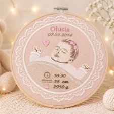 Haftowana personalizowana metryczka, pamiątka narodzin w oprawie 20 cm, 2