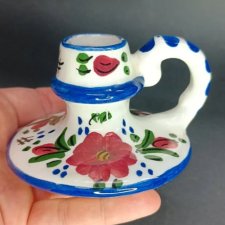 Mały ceramiczny kaganek świecznik ręcznie malowany kwiaty vintage