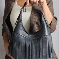 Torebka z frędzlami w kolorze denim- skóra naturalna
