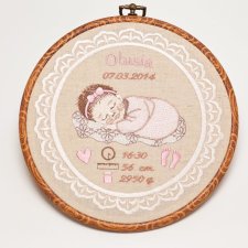 Haftowana personalizowana metryczka, pamiątka narodzin w oprawie 20 cm, 2