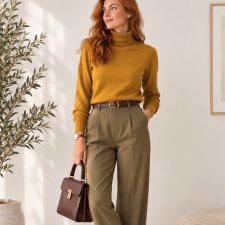 Musztardowy Camelowy golf vintage z wełny merino – rozmiar S sweter old money
